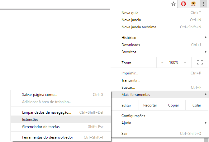 Acessando página de extensões